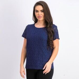Market & Spruce Hans Crochet Front Mixed Material Top in Navy Blue